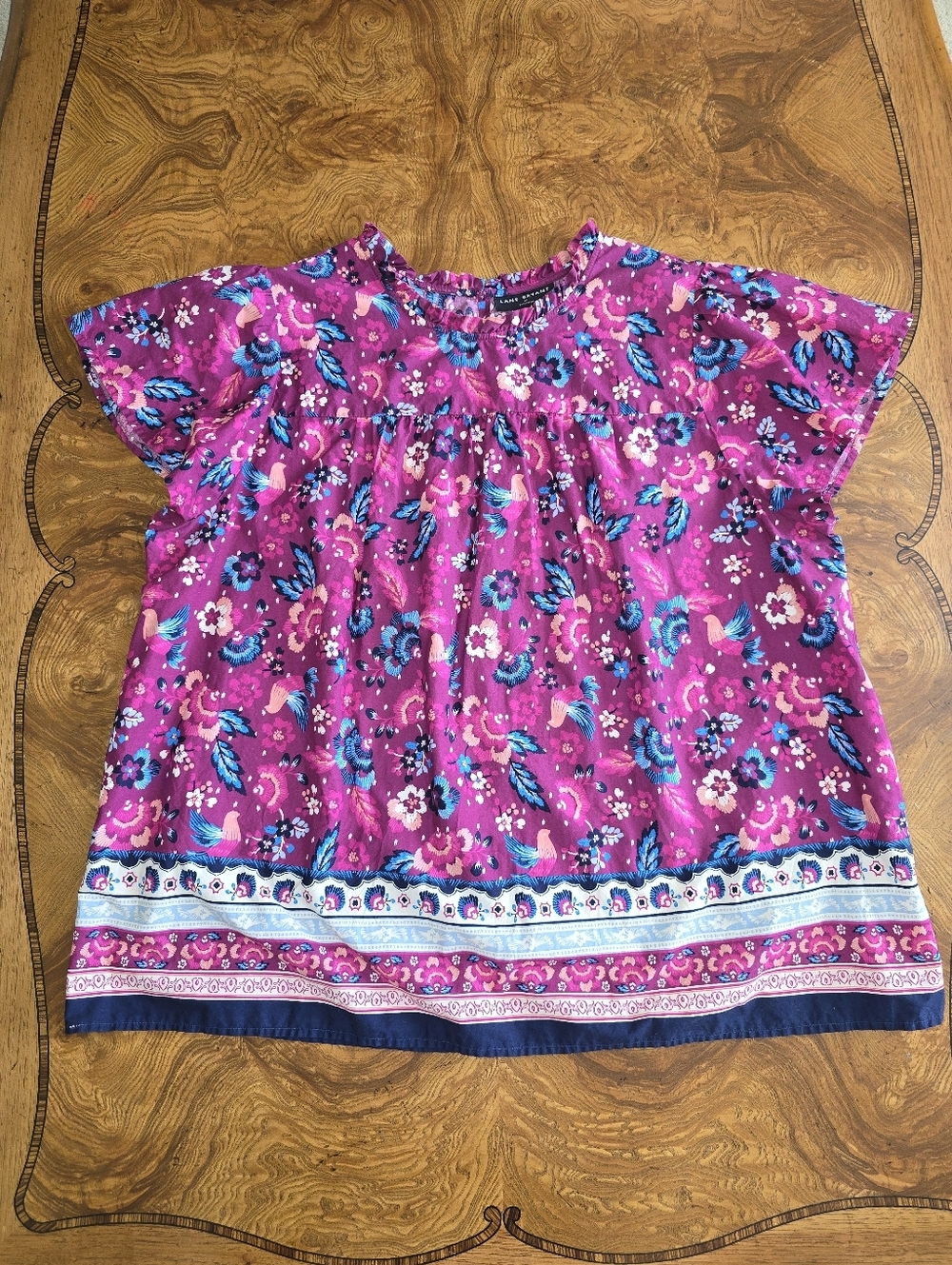 Lane Bryant Women's Plus Size 20 Purple Floral Bird Print Cotton Blouse